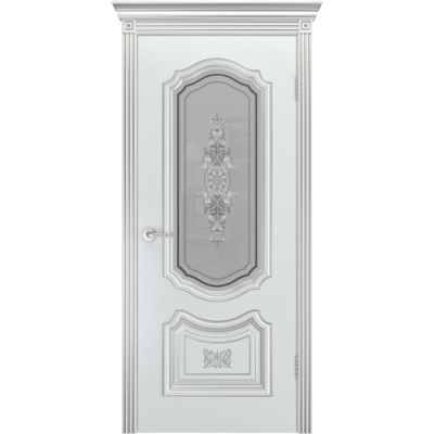 Дверь межкомнатная СОЛО R-0 В3 ЭМАЛЬ БЕЛАЯ, ПАТИНА СЕРЕБРО